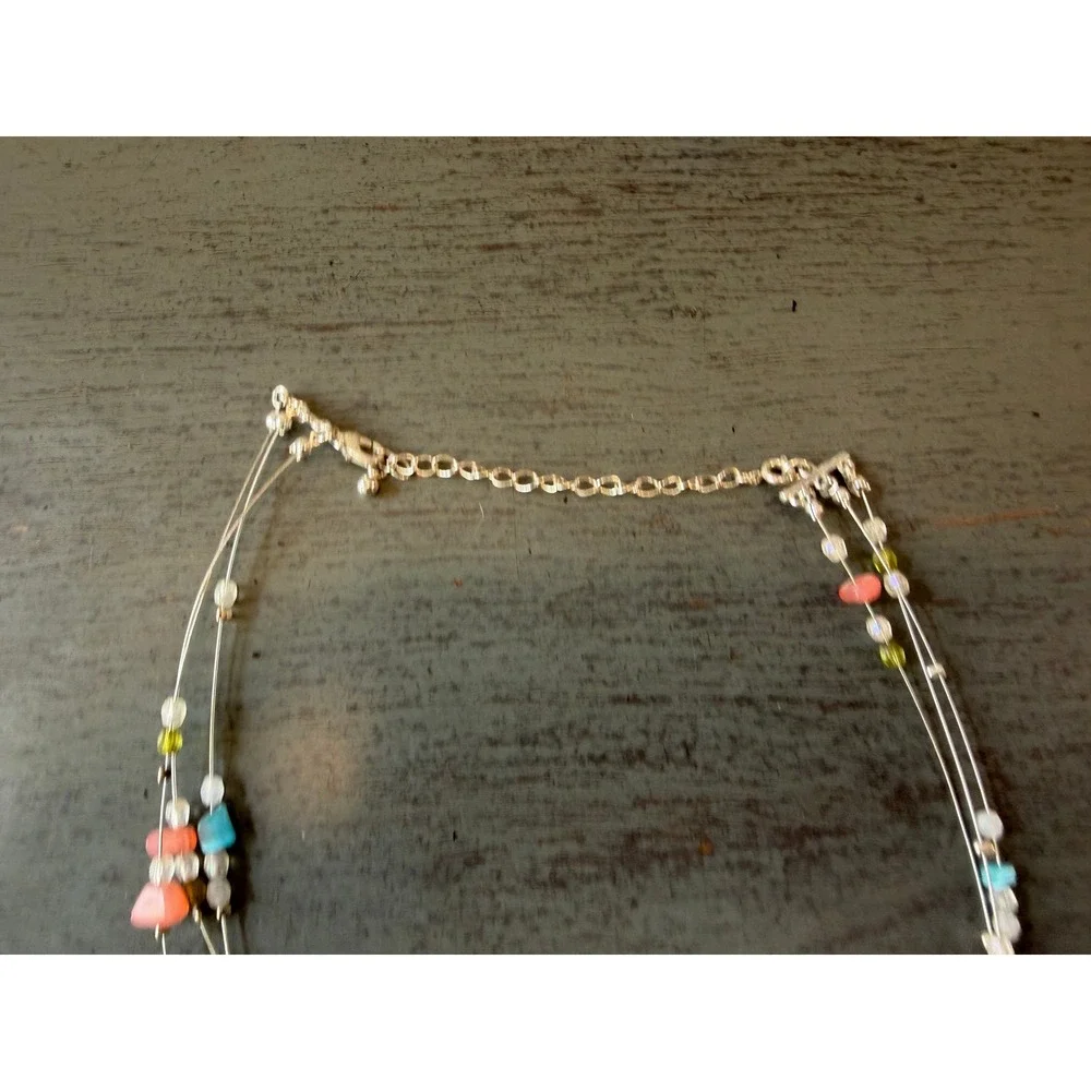 Vintage Multi Strand Illusion Necklace Pastel Beads Rhinestones Silver Tone 19in